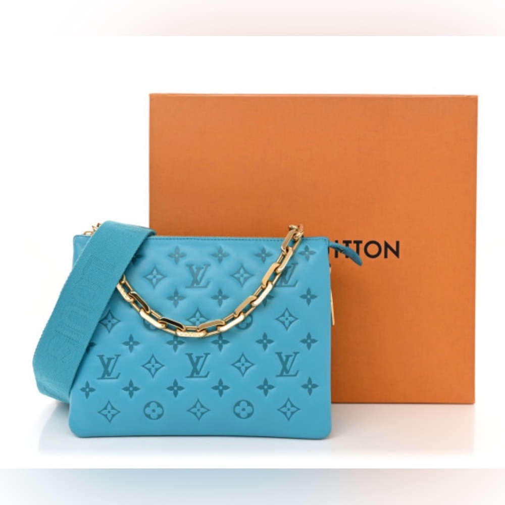 LOUIS VUITTON Lambskin Embossed Monogram Coussin PM in Turquoise